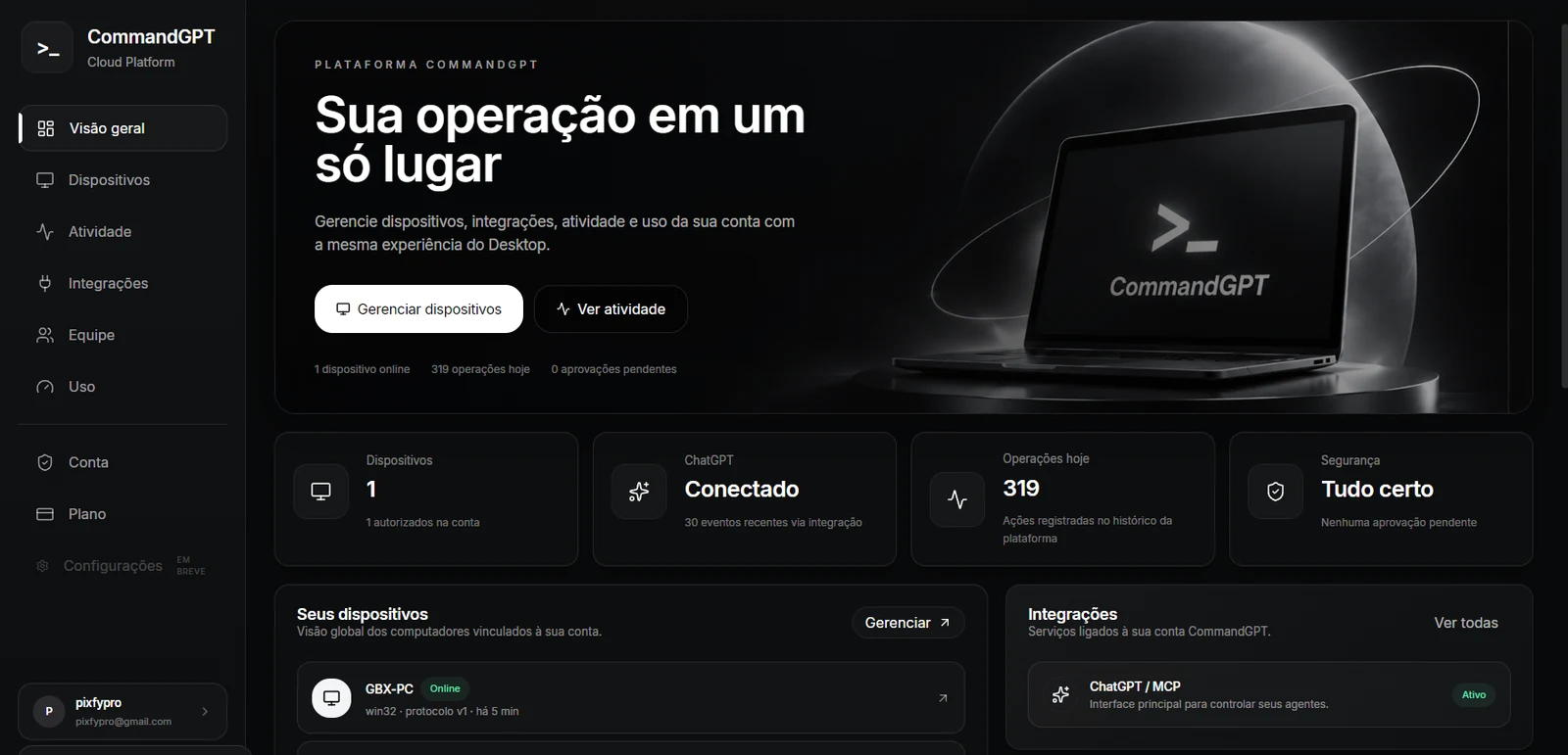 Captura real da plataforma CommandGPT mostrando dispositivos, integração ChatGPT MCP e atividade